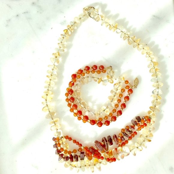 Vintage 70s 80s Amber Citrine Carnelian Necklace Bracelet Set - Picture 5 of 5